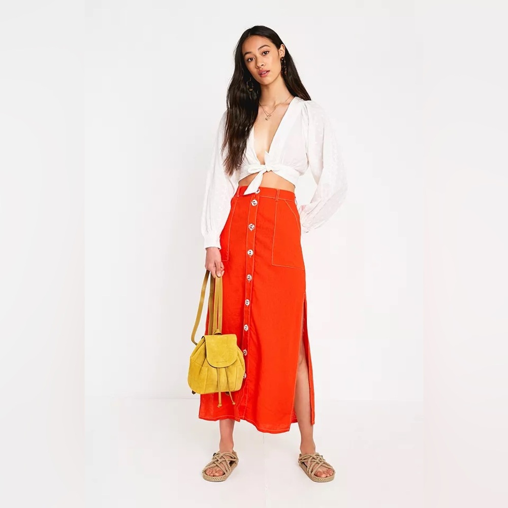 Urban Outfitters Lindsey Slit Button Utility Midi Linen Blend Skirt, Orange
